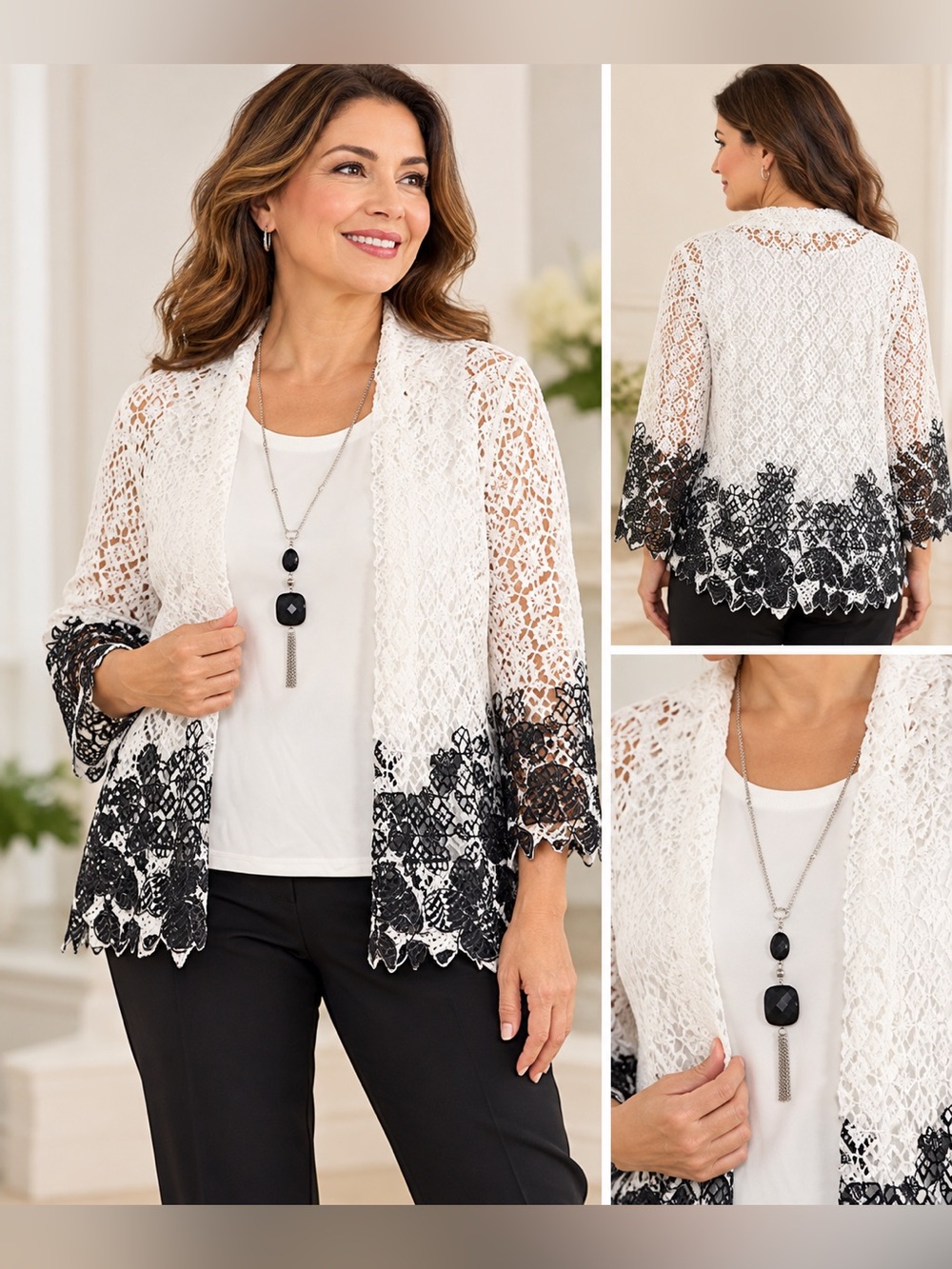 Alfred Dunner White Lace Open-Front Cardigan with Black Floral Trim